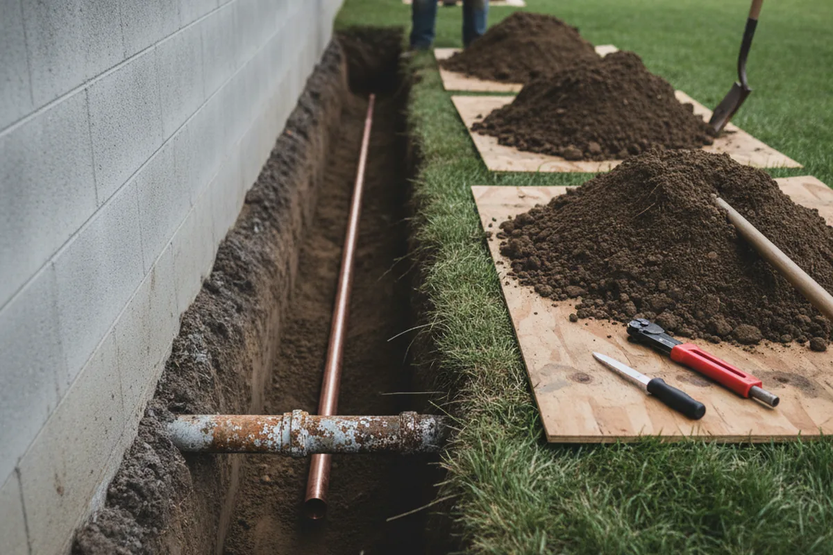 Excavated water line trench during Water Softener Installation in Cougar